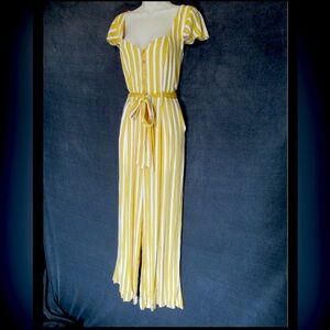 June & Hudson Mustard White Striped Flutter Sleeve Sweetheart Jumpsuit Medium